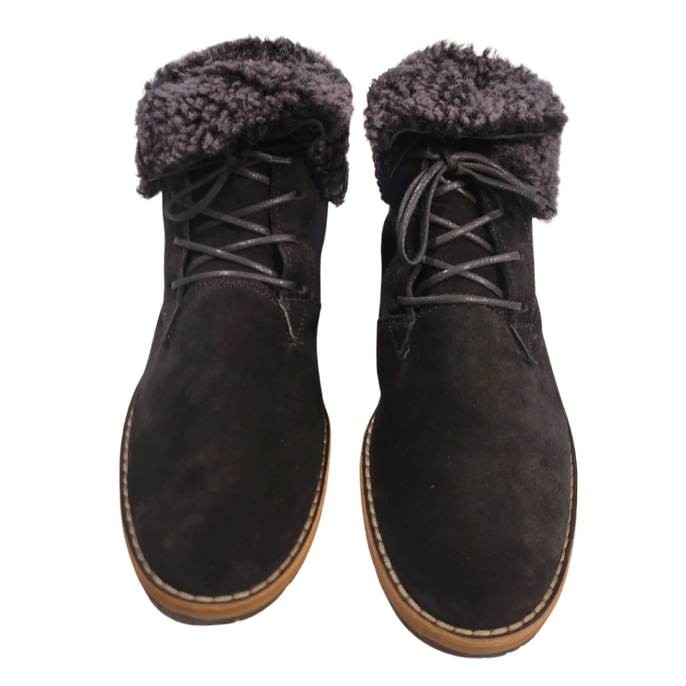 Paul Green Black Suede Lace-Up Ankle Boots with Gray Shearling Cuff - Picture 3 of 13